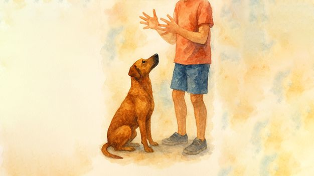 When Words Waver — boy with stammering and nervous dog watercolour